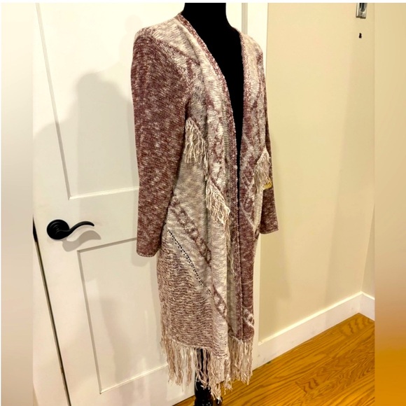 One World womens fringed sweater kimono duster in cream burgundy bohemian 2X - Picture 1 of 14